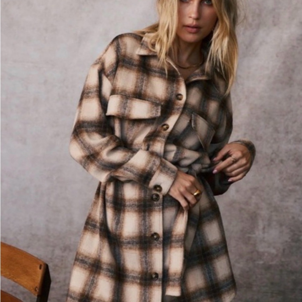 12th Tribe Tan and Brown Plaid Shacket Dress
